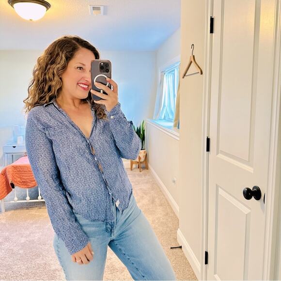 Frank & Eileen Blue Linen Barry Floral Long Sleeve Blouse Top Small - Picture 1 of 10